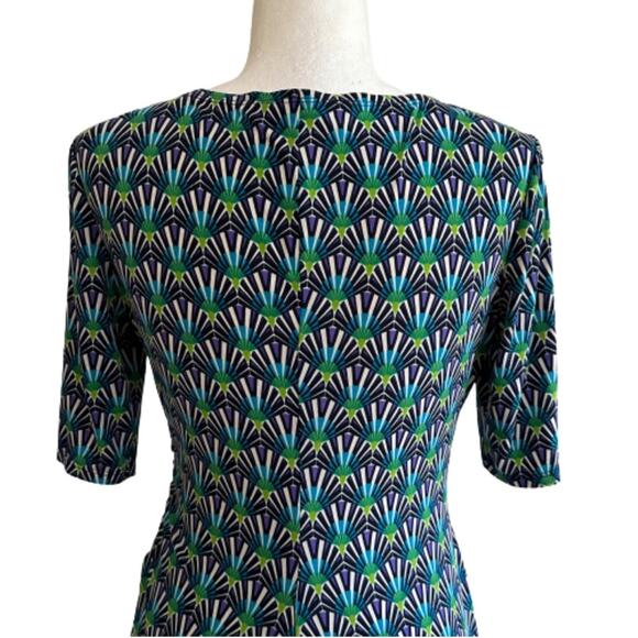 Evan Picone Dress Teal Green Purple Print Short Sleeve Faux Wrap Ruched Size 4 - Picture 6 of 12